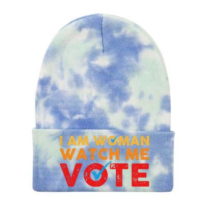 Distressed I Am Woman Watch Me Vote Tie Dye 12in Knit Beanie