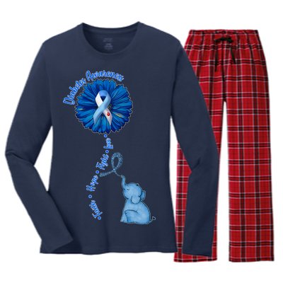 Diabetes Awareness Flower Elephant Women's Long Sleeve Flannel Pajama Set 