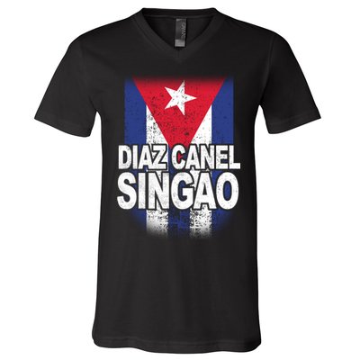 Diaz Canel Singao Cuban Flag Distressed V-Neck T-Shirt
