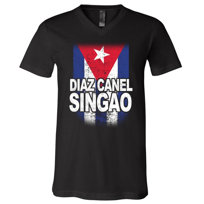 Diaz Canel Singao Cuban Flag Distressed V-Neck T-Shirt