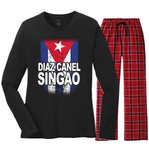 Diaz Canel Singao Cuban Flag Distressed Women's Long Sleeve Flannel Pajama Set 