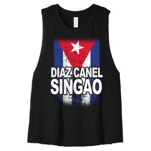 Diaz Canel Singao Cuban Flag Distressed Women's Racerback Cropped Tank