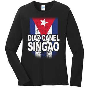 Diaz Canel Singao Cuban Flag Distressed Ladies Long Sleeve Shirt