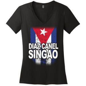 Diaz Canel Singao Cuban Flag Distressed Women's V-Neck T-Shirt