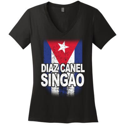 Diaz Canel Singao Cuban Flag Distressed Women's V-Neck T-Shirt