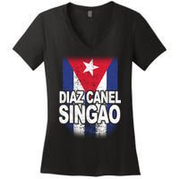 Diaz Canel Singao Cuban Flag Distressed Women's V-Neck T-Shirt
