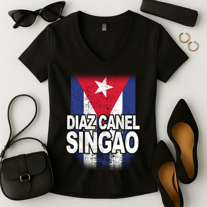 Diaz Canel Singao Cuban Flag Distressed Women's V-Neck T-Shirt
