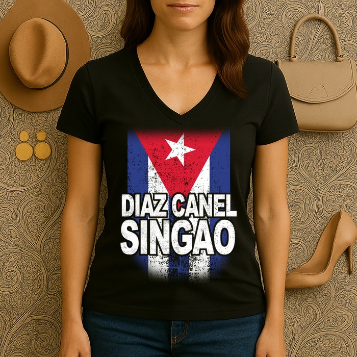 Diaz Canel Singao Cuban Flag Distressed Women's V-Neck T-Shirt