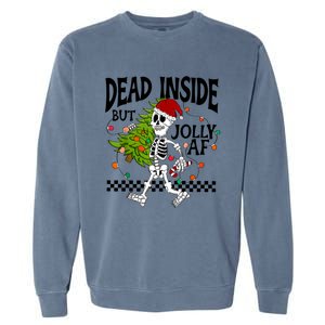 Dead Inside But Jolly Af Funny Skeleton Christmas Tree Retro Cute Gift Garment-Dyed Sweatshirt