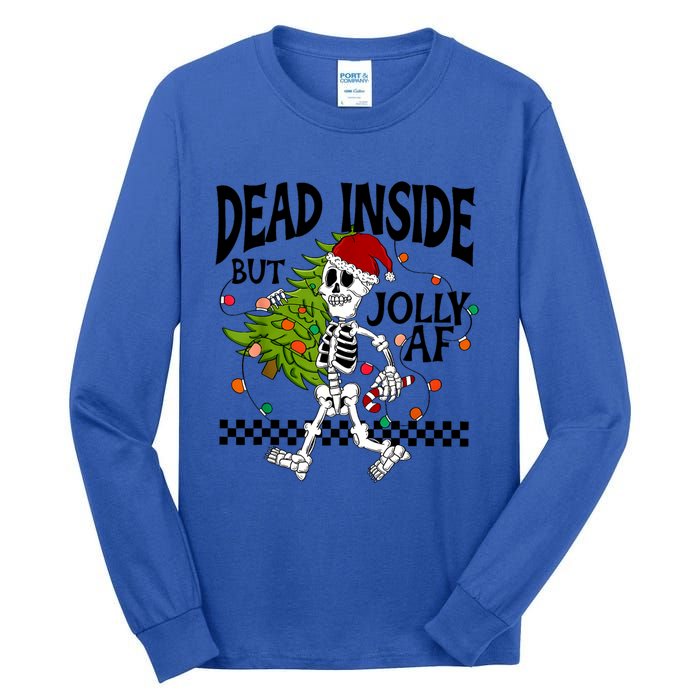 Dead Inside But Jolly Af Funny Skeleton Christmas Tree Retro Cute Gift Tall Long Sleeve T-Shirt