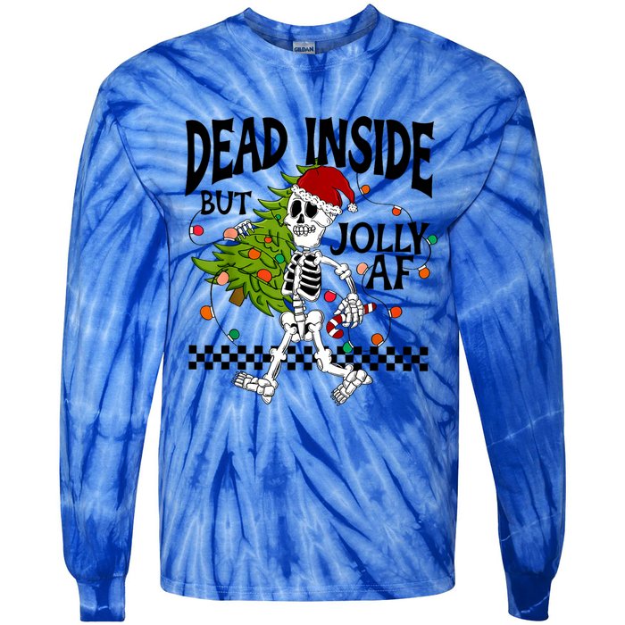 Dead Inside But Jolly Af Funny Skeleton Christmas Tree Retro Cute Gift Tie-Dye Long Sleeve Shirt