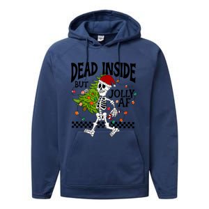 Dead Inside But Jolly Af Funny Skeleton Christmas Tree Retro Cute Gift Performance Fleece Hoodie