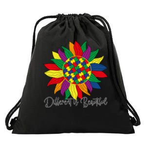 Different Is Beautiful Sunflower Puzzle Autism Awareness Month Gift Drawstring Bag