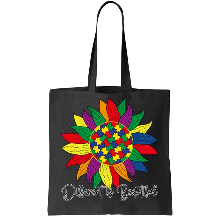 Different Is Beautiful Sunflower Puzzle Autism Awareness Month Gift Tote Bag