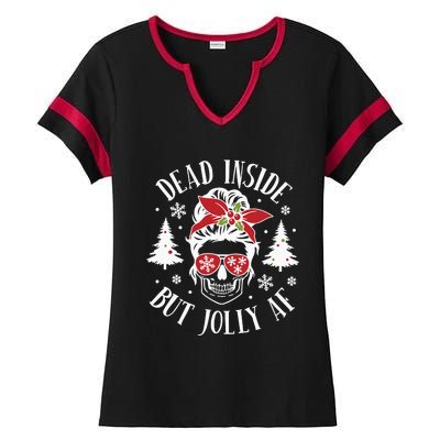 Dead Inside But Jolly Af Skeleton Funny Christmas Ladies Halftime Notch Neck Tee