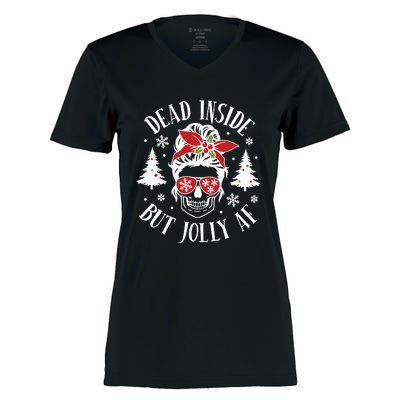 Dead Inside But Jolly Af Skeleton Funny Christmas Women's Momentum V-Neck T-Shirt