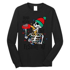 Dead Inside But Festive Af Skeleton Santa Hat Christmas Long Sleeve Shirt