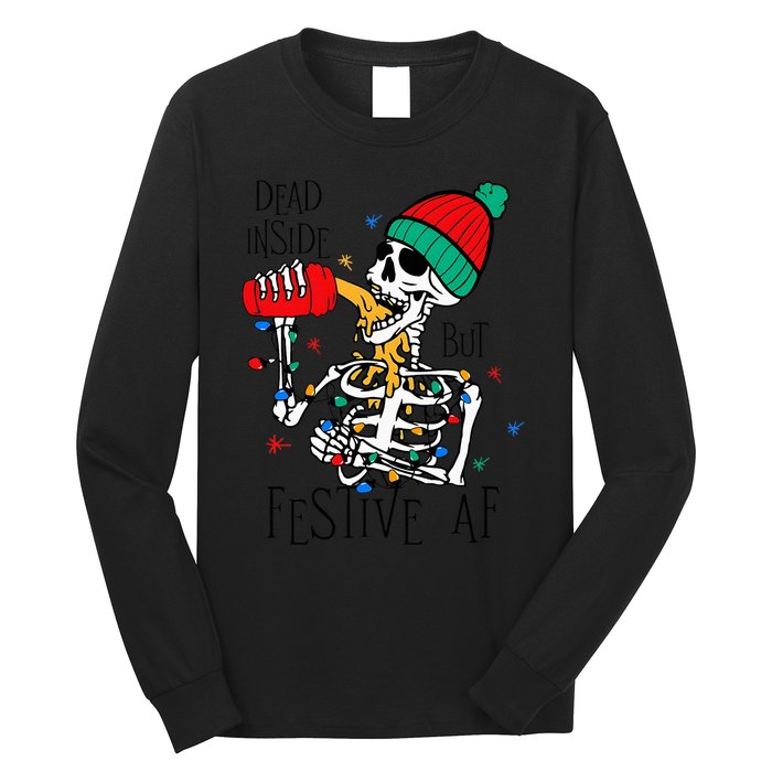 Dead Inside But Festive Af Skeleton Santa Hat Christmas Long Sleeve Shirt