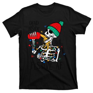 Dead Inside But Festive Af Skeleton Santa Hat Christmas T-Shirt