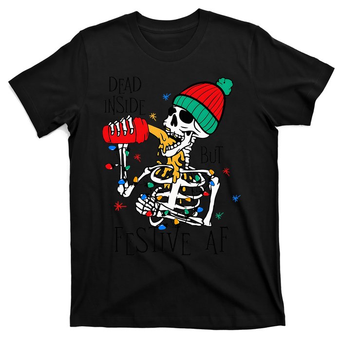 Dead Inside But Festive Af Skeleton Santa Hat Christmas T-Shirt