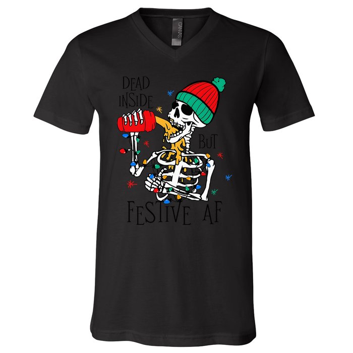 Dead Inside But Festive Af Skeleton Santa Hat Christmas V-Neck T-Shirt