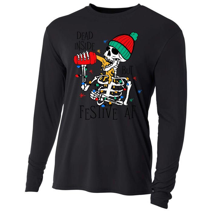 Dead Inside But Festive Af Skeleton Santa Hat Christmas Cooling Performance Long Sleeve Crew