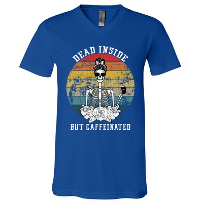 Dead Inside But Caffeinated Skeleton Flower Coffee Lover Gift V-Neck T-Shirt