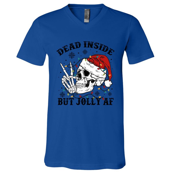 Dead Inside But Jolly Af Funny Skeleton Santa Hat Christmas Gift V-Neck T-Shirt