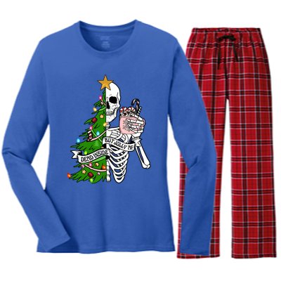 Dead Inside But Jolly Af Skeleton Coffee Xmas Christmas Tree Gift Women's Long Sleeve Flannel Pajama Set 