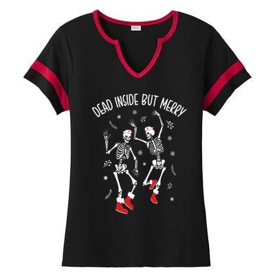 Dead Inside But Merry Funny Dancing Skeleton Christmas Nurse Ladies Halftime Notch Neck Tee