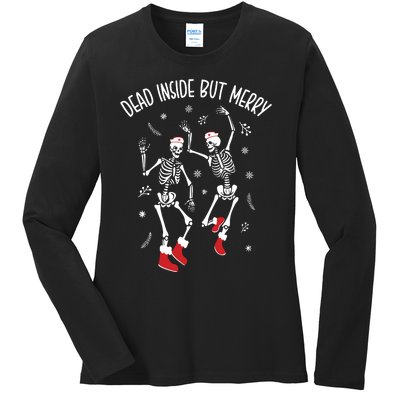 Dead Inside But Merry Funny Dancing Skeleton Christmas Nurse Ladies Long Sleeve Shirt