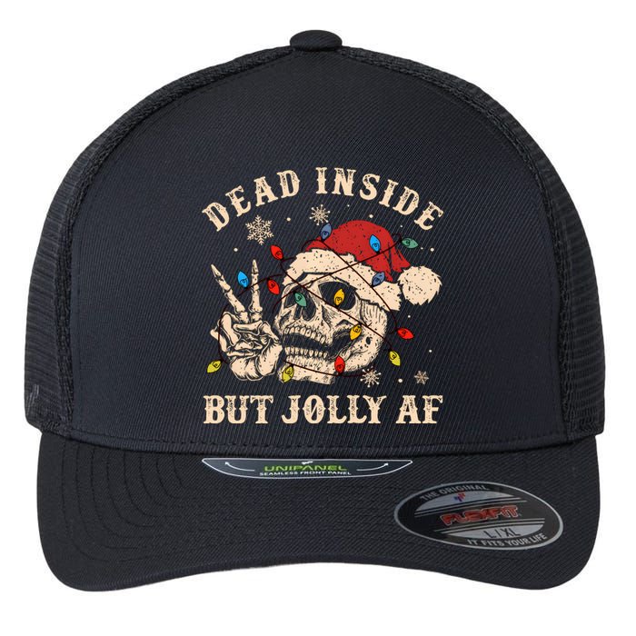 Dead Inside But Jolly Af Funny Skeleton Lights Christmas Sweatshirt Flexfit Unipanel Trucker Cap