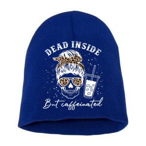 Dead Inside But Caffeinated Skeleton Messy Bun Skull Leopard Great Gift Short Acrylic Beanie