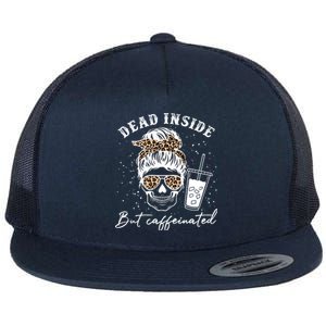 Dead Inside But Caffeinated Skeleton Messy Bun Skull Leopard Great Gift Flat Bill Trucker Hat