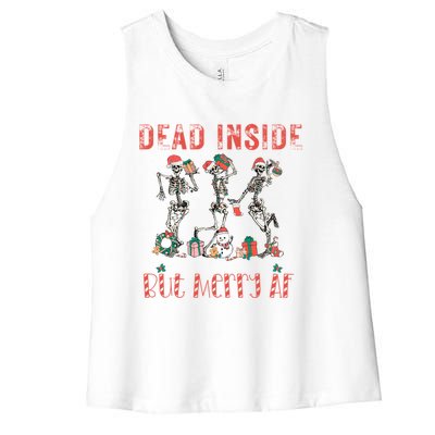 Dead Inside But Merry Af Funny Dancing Skeletons Christmas Gift Women's Racerback Cropped Tank