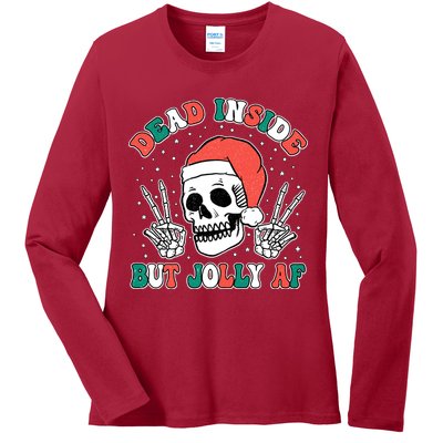 Dead Inside But Jolly Af Christmas Spirit Skeleton Skull Ladies Long Sleeve Shirt