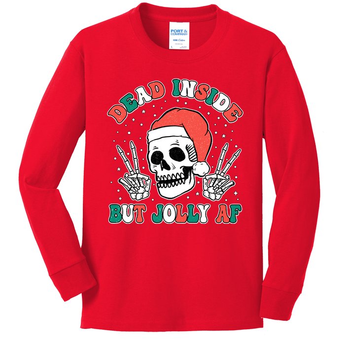 Dead Inside But Jolly Af Christmas Spirit Skeleton Skull Kids Long Sleeve Shirt