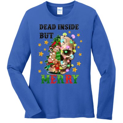 Dead Inside But Merry Christmas Skeleton Skull Xmas Holiday Gift Ladies Long Sleeve Shirt