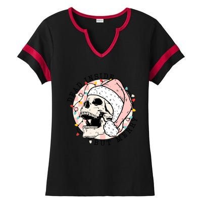 Dead Inside But Merry Christmas Skull Skeleton Santa Hat Gift Ladies Halftime Notch Neck Tee