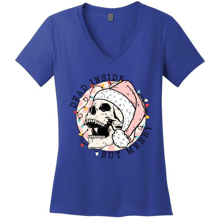 Dead Inside But Merry Christmas Skull Skeleton Santa Hat Gift Women's V-Neck T-Shirt