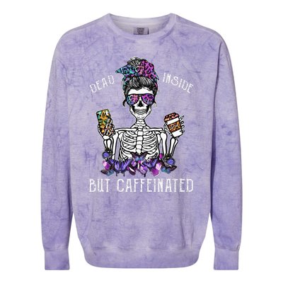 Dead Inside But Caffeinated Skeleton Flower Coffee Lover Colorblast Crewneck Sweatshirt