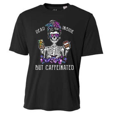 Dead Inside But Caffeinated Skeleton Flower Coffee Lover Cooling Performance Crew T-Shirt