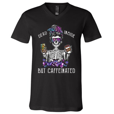 Dead Inside But Caffeinated Skeleton Flower Coffee Lover V-Neck T-Shirt