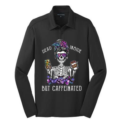 Dead Inside But Caffeinated Skeleton Flower Coffee Lover Silk Touch Performance Long Sleeve Polo