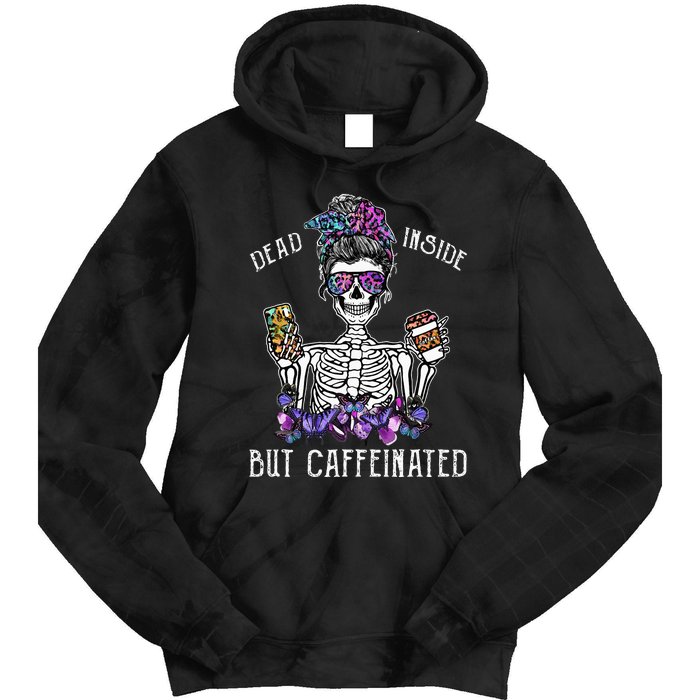 Dead Inside But Caffeinated Skeleton Flower Coffee Lover Tie Dye Hoodie