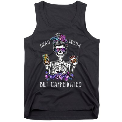 Dead Inside But Caffeinated Skeleton Flower Coffee Lover Tank Top