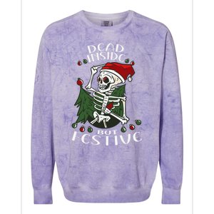 Dead Inside But Festive Drunk Christmas Skeleton Santa Funny Gift Colorblast Crewneck Sweatshirt