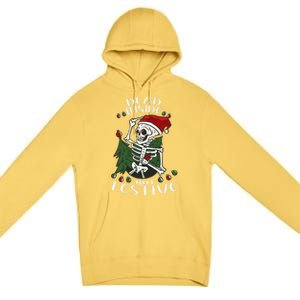 Dead Inside But Festive Drunk Christmas Skeleton Santa Funny Gift Premium Pullover Hoodie