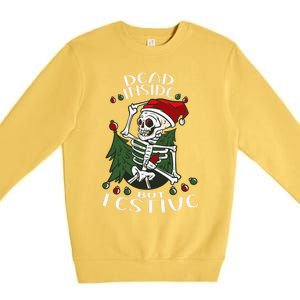 Dead Inside But Festive Drunk Christmas Skeleton Santa Funny Gift Premium Crewneck Sweatshirt