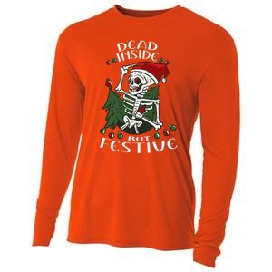 Dead Inside But Festive Drunk Christmas Skeleton Santa Funny Gift Cooling Performance Long Sleeve Crew